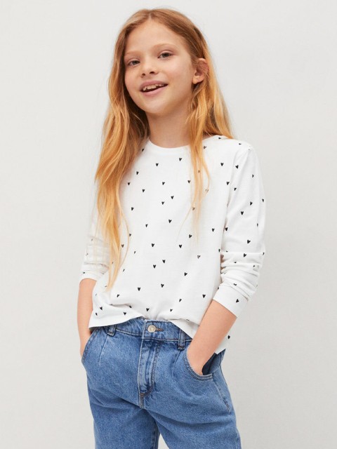 

Mango Kids Girls White Black Cotton Conversational Print Pure Cotton T-shirt