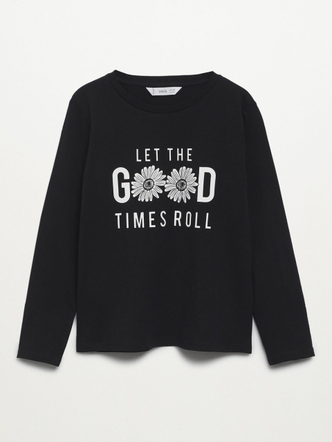

Mango Kids Girls Black White Cotton Typography Printed Pure Cotton T-shirt