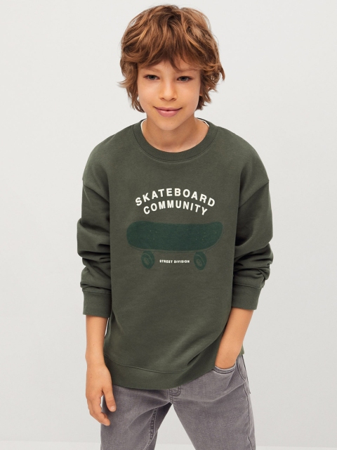 

Mango Kids Boys Olive Green & White Pure Cotton Printed Sweatshirt