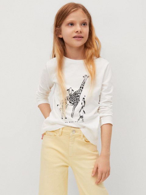 

Mango Kids Girls White Black Cotton Conversational Print Pure Cotton T-shirt