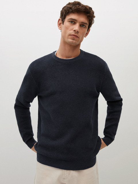 

MANGO MAN Men Navy Blue Solid Pullover