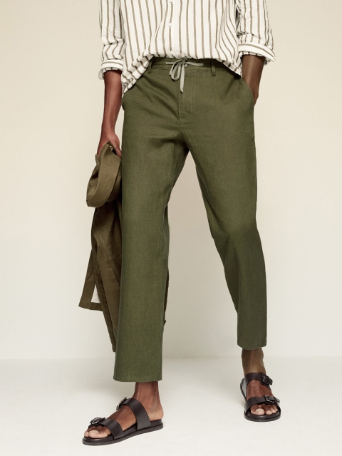 

MANGO MAN Olive Green Linen Cropped Trousers