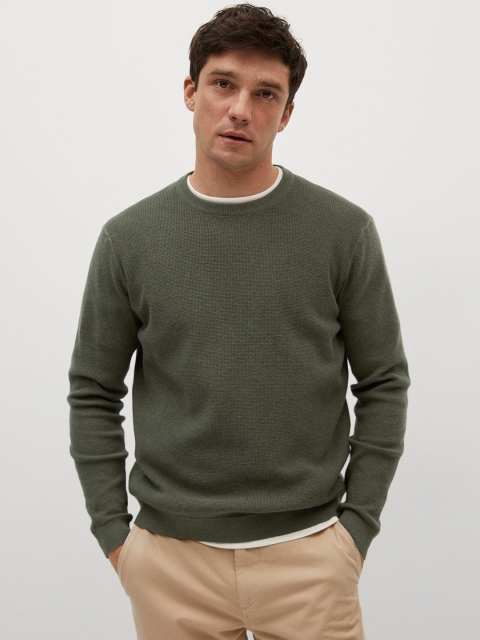 

MANGO MAN Men Olive Green Solid Pullover
