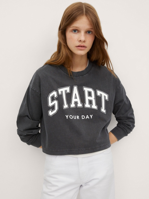 

Mango Kids Girls Charcoal Grey & White Pure Cotton Typography Printed Sweatshirt