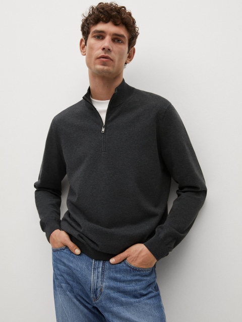 

MANGO MAN Men Charcoal Grey Solid Pullover