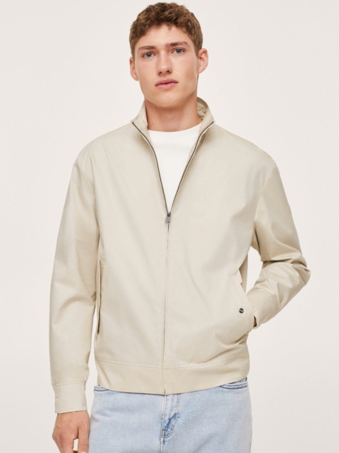 

MANGO MAN Men Off-White Solid Cotton Water Resistant Bomber Jacket