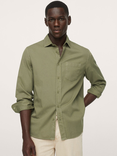 

MANGO MAN Men Olive Green Pure Cotton Solid Casual Shirt