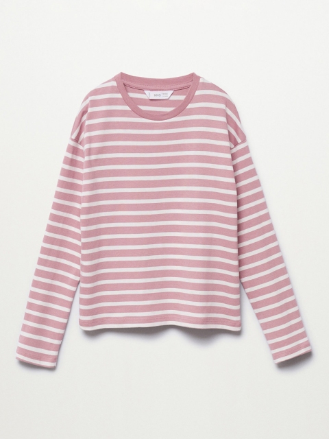

Mango Kids Girls Pink White Cotton Striped Pure Cotton T-shirt