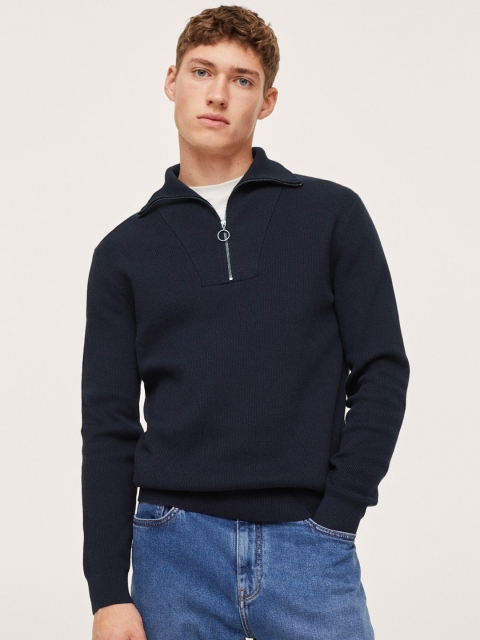 

MANGO MAN Men Navy Blue Ribbed Pullover