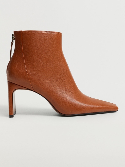 

MANGO Tan Brown Solid Mid-Top Block Heeled Boots