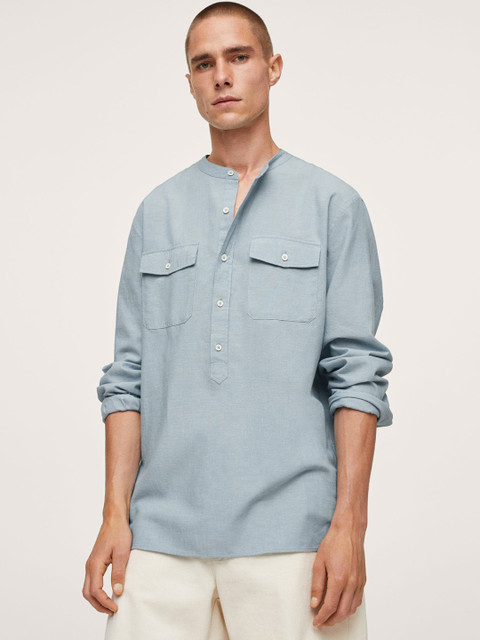 

MANGO MAN Men Blue Cotton Linen Solid Casual Shirt