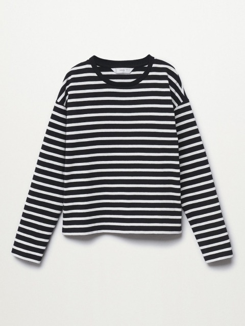 

Mango Kids Girls White Black Cotton Striped Monochrome Pure Cotton T-shirt