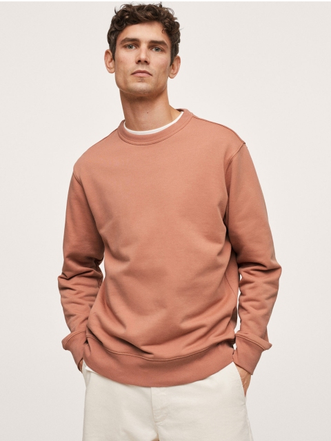 

MANGO MAN Peach-Coloured Solid Pure Cotton Sweatshirt