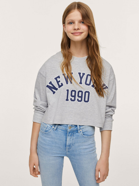 

Mango Kids Girls Grey Melange & Navy Blue Printed Sweatshirt