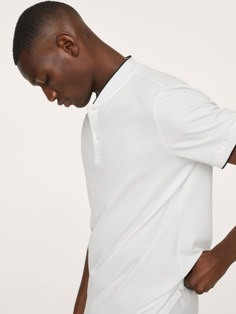 

MANGO MAN Men White Solid Mandarin Collar T-shirt