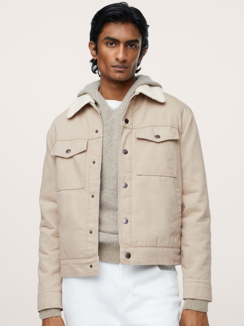 

MANGO MAN Beige Solid Pure Cotton Denim Jacket