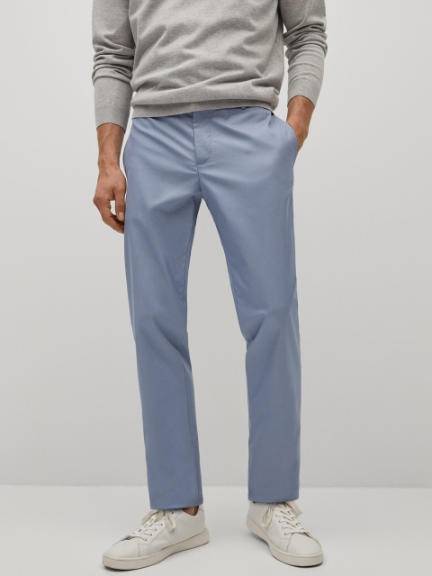 

MANGO MAN Men Blue Solid Wrinkle Free Trousers