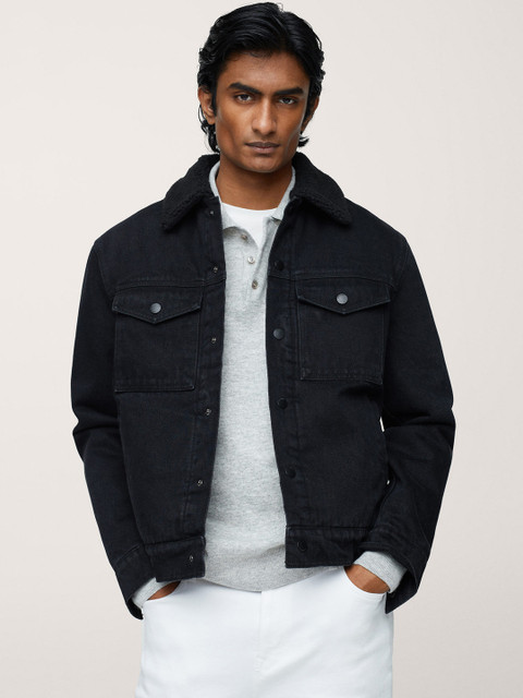 

MANGO MAN Navy Blue Solid Pure Cotton Denim Jacket