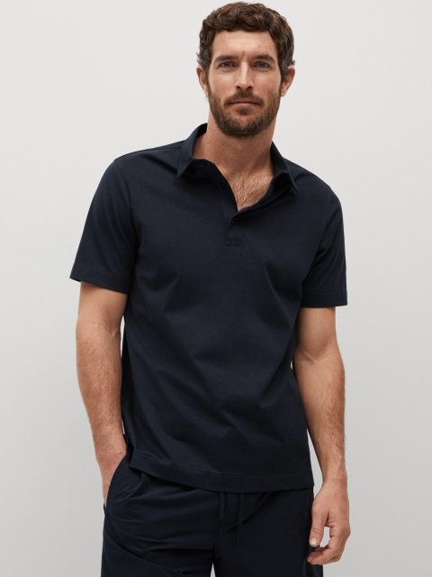 

MANGO MAN Navy Blue Solid Polo Collar Coolmax T-shirt