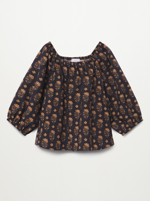 

Mango Kids Girls Charcoal Grey & Mustard Yellow Cotton Floral Print A-Line Top