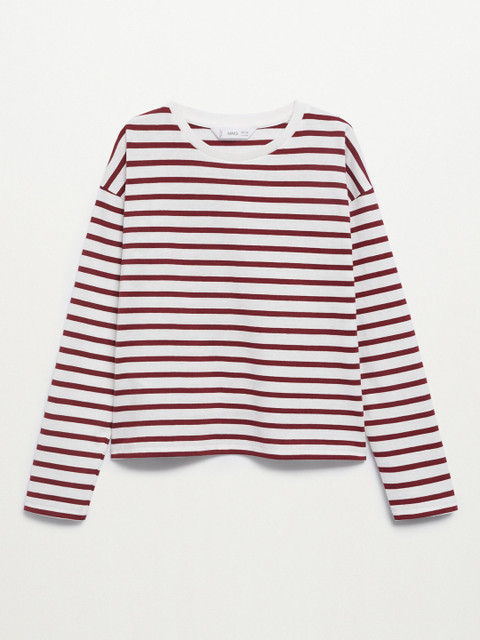 

Mango Kids Girls White Maroon Striped Pure Cotton T-shirt
