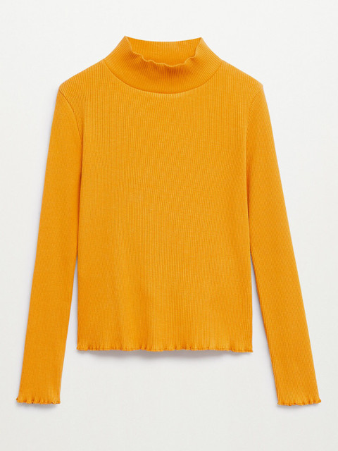 

Mango Kids Girls Mustard Yellow Ribbed High Neck Organic Cotton Pure Cotton T-shirt