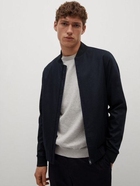 

MANGO MAN Men Navy Blue Solid Bomber Jacket