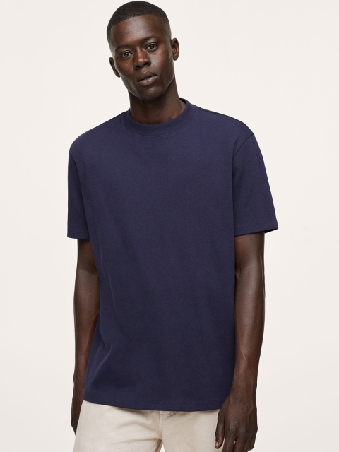 

MANGO MAN Navy Blue Solid Nautical Pure Cotton T-shirt