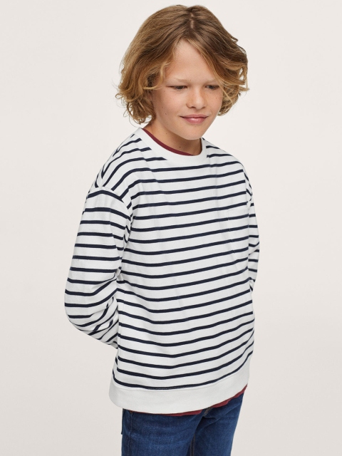 

Mango Kids Boys White & Navy Pure Cotton Striped Sweatshirt