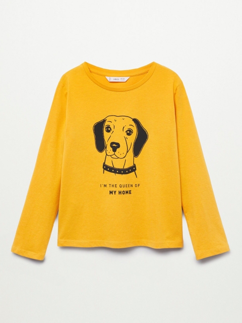 

Mango Kids Girls Mustard Yellow Black Cotton Printed Pure Cotton T-shirt