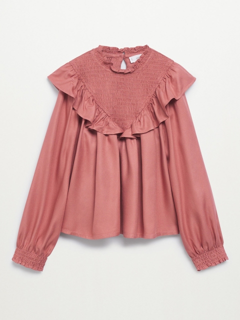 

Mango Kids Girls Dusty Pink Smocked A-Line Top with Ruffles Detail