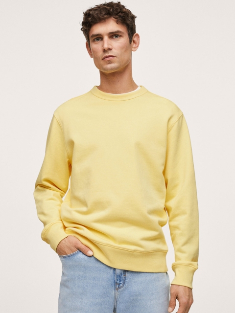

MANGO MAN Lemon Yellow Solid Pure Cotton Sweatshirt