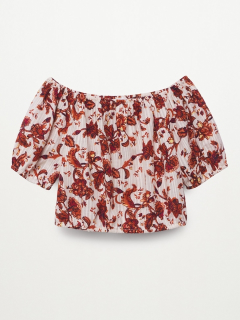 

Mango Kids Girls Maroon & Off White Cotton Floral Print Off-Shoulder Blouson Crop Top