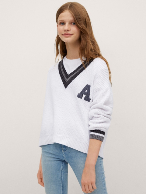 

Mango Kids Girls White & Charcoal Grey Solid Pullover