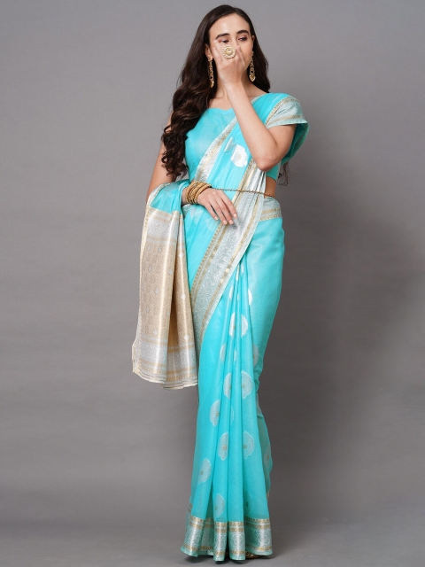 

Mitera Blue & Silver-Toned Floral Zari Banarasi Saree