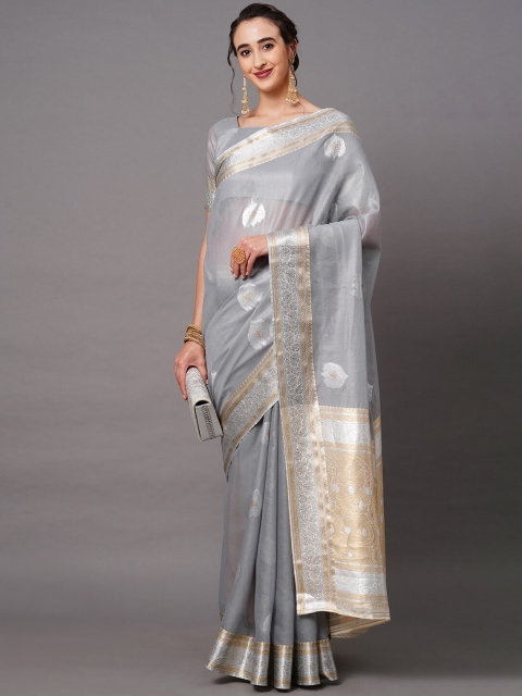 

Mitera Grey & Gold-Toned Floral Zari Banarasi Saree