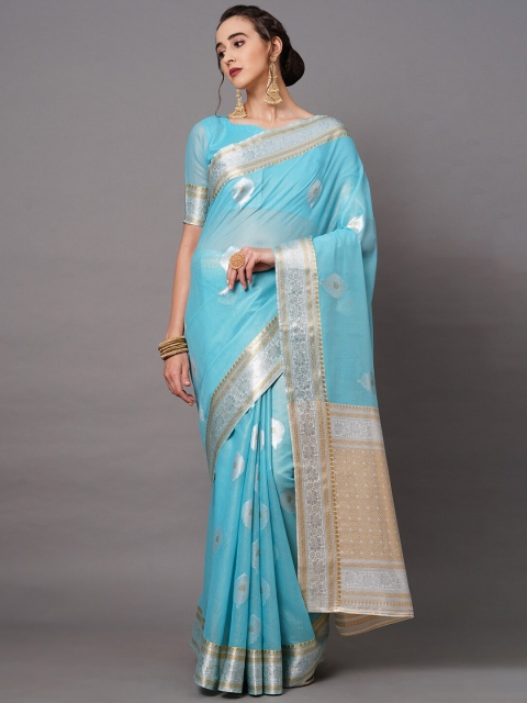 

Mitera Blue & Silver-Toned Floral Banarasi Saree