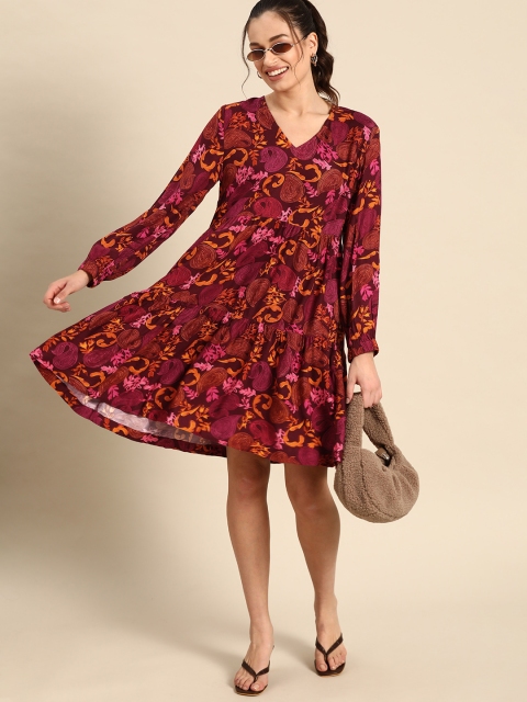 

United Colors of Benetton Maroon & Pink Ethnic Motifs Tiered A-Line Dress