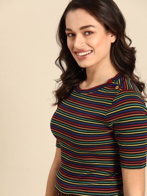 

United Colors of Benetton Women Black Blue Striped Pure Cotton T-shirt