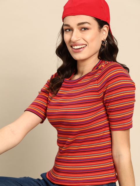 

United Colors of Benetton Women Red Yellow Striped Pure Cotton T-shirt