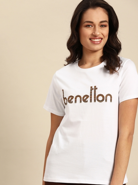 

United Colors of Benetton Women White Brown Brand Logo Printed Pure Cotton T-shirt
