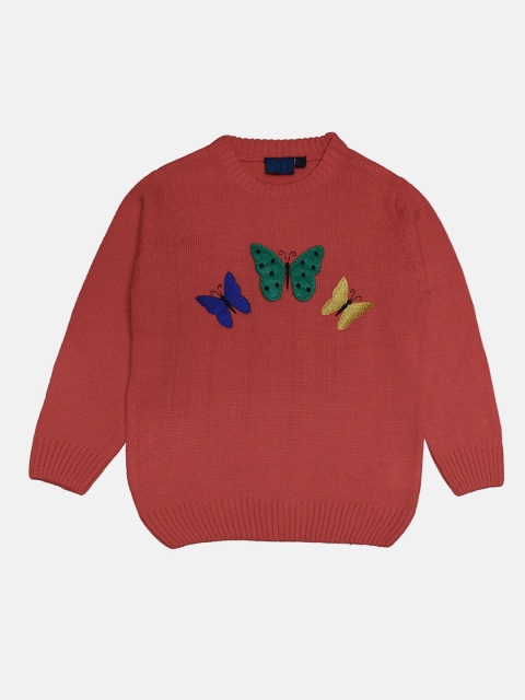 

CHIMPRALA Girls Peach & Green Self Design Woolen Pullover With Applique