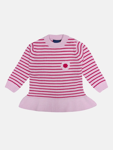 

CHIMPRALA Girls Pink & Red Striped Woolen Pullover With Applique Detailing