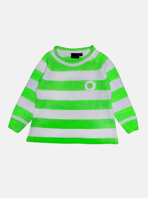 

CHIMPRALA Girls Green & White Striped Woolen Pullover