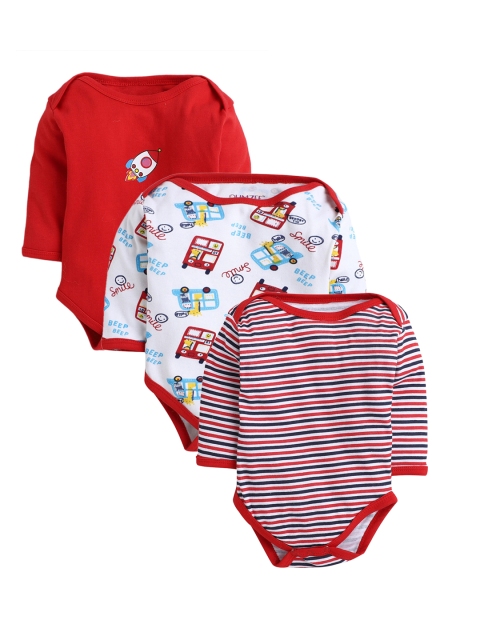 

BUMZEE Infant Boys Pack Of 3 Printed Pure Cotton Regular-Fit Bodysuits, Red