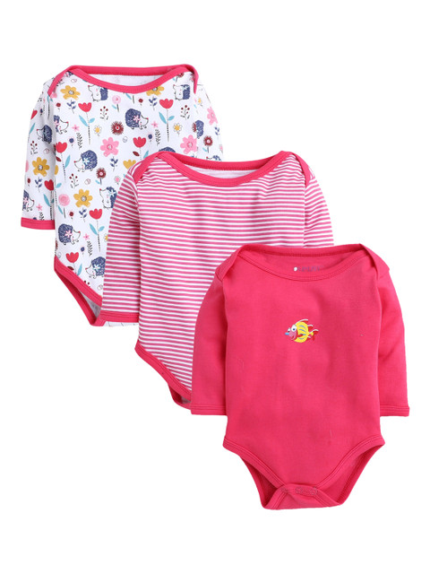 

BUMZEE Infant Girls Pack Of 3 Pure Cotton Printed Regular-Fit Bodysuits, Pink