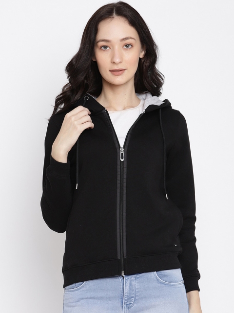 

METTLE Women Black Hooded Front-Open Sweatshirt