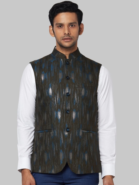 

Park Avenue Men Green & Blue Woven Design Mandarin Collar Waistcoats
