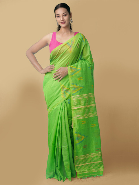 

Unnati Silks Women Green & Yellow Pure Handloom Bengal Linen Sustainable Saree