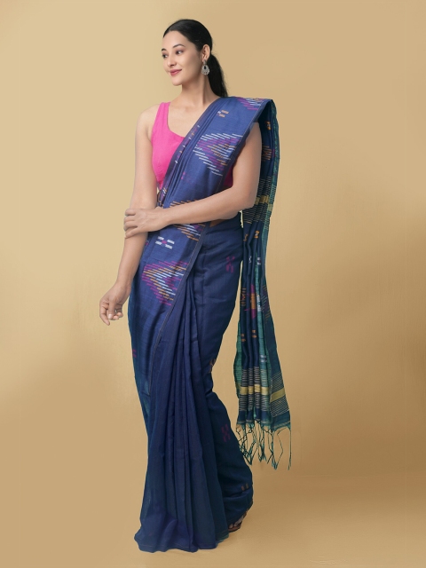 

Unnati Silks Navy Blue & Yellow Pure Bengal Linen Jamdani Saree